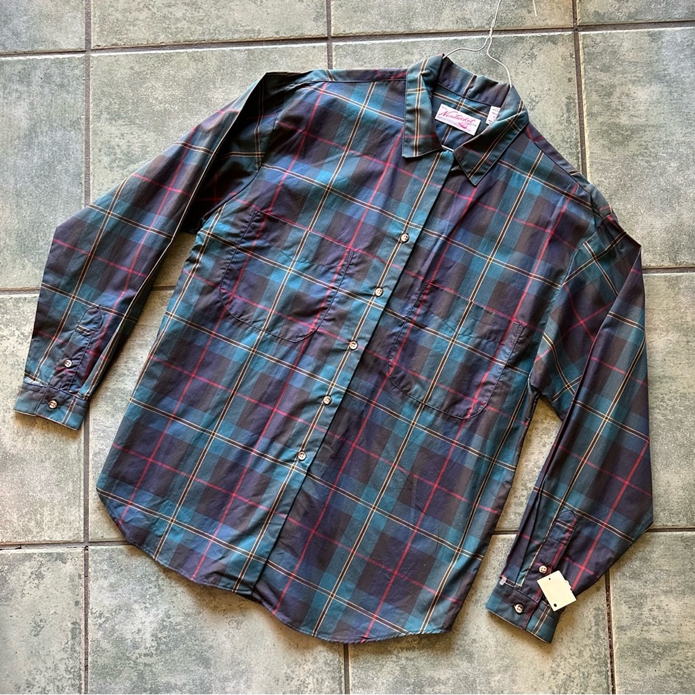VTG 80s Rare Nantucket Plaid Green Blue Dress Shirt 
Size Small